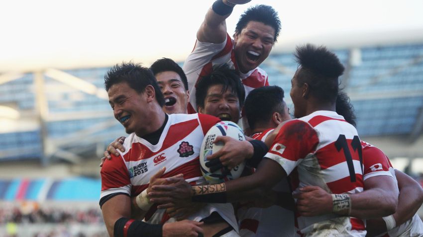 BRIGHTON, ENGLAND - SEPTEMBER 19:  Ayumu Goromaru of Japan ceelbrates scoring the second try during the 2015 Rugby World Cup Pool B match between South Africa and Japan at the Brighton Community Stadium on September 19, 2015 in Brighton, United Kingdom.  (Photo by Charlie Crowhurst/Getty Images)