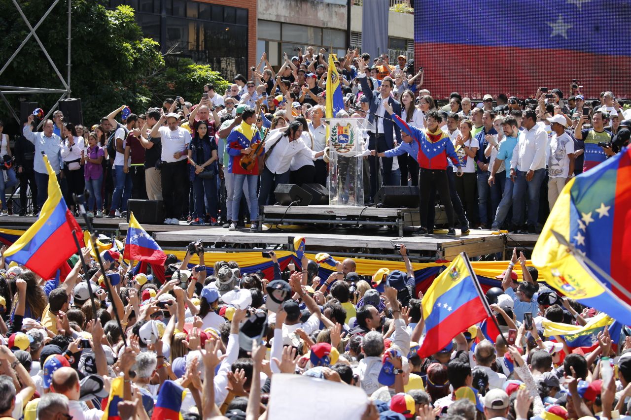 Guaido addresses the crowd in Caracas on February 12.