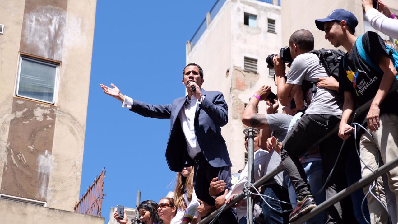 Venezuela's self-declared leader Juan Guaido addresses crowds in Caracas on Tuesday.