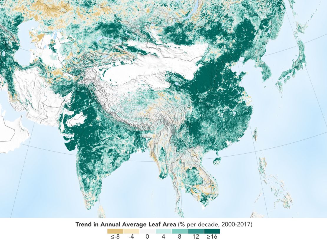 NASA satellite data reveals the Earth is greening, with China and India jointly responsible for a third of the increase.