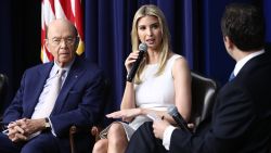 WASHINGTON, DC - APRIL 04:  Ivanka Trump delivers remarks during an event at the Eisenhower Executive Office Building April 4, 2017 in Washington, DC. U.S. President Donald Trump also delivered remarks and answered questions from the audience during a town hall event with CEO's on the American business climate. Also pictured are U.S. Commerce Secretary Wilbur Ross (L) and Reed Cordish (R), from the Office of American Innovation.
 (Photo by Win McNamee/Getty Images)