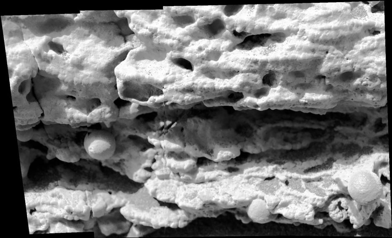 More blueberries! Opportunity took this photo in 2004 of a rock called "Last Chance." The spherules embedded in the rock reminded the researchers of berries in muffins. The textures in the rock actually helped researchers determine that Mars had wet environmental conditions in the past.