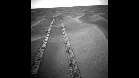 Sometimes, when Opportunity's solar power was limited, it would stop between treks to different features on Mars. This 2010 photo of its tracks on the surface show it "hopping from lily pad to lily pad."