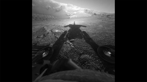 A shadow selfie. On July 26, 2004, the rover took this photo commemorating its 90 days on Mars -- the amount of time the mission was supposed to last. Instead, it continued for 15 years. 