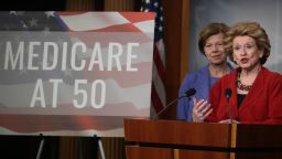 WASHINGTON, DC - FEBRUARY 13: Sen. Debbie Stabenow (D-MI) (R) and Sen. Tammy Baldwin (D-WI) participate in a news conference to announce legislation giving people between the ages of 50 and 64 the option of buying into Medicare on February 13, 2019 in Washington, DC. (Photo by Mark Wilson/Getty Images)