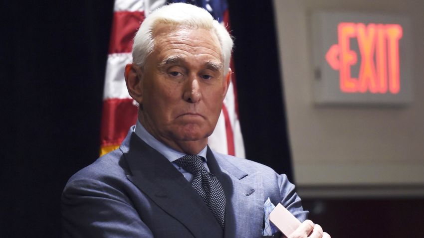 Roger Stone, ally of US President Donald Trump, pauses while he speaks to the press in Washington, DC, on January 31, 2019. - Stone pleaded not guilty on January 29 to charges stemming from the ongoing investigation into whether the US president's campaign colluded with Russia in the 2016 election. (Photo by Andrew CABALLERO-REYNOLDS / AFP)        (Photo credit should read ANDREW CABALLERO-REYNOLDS/AFP/Getty Images)