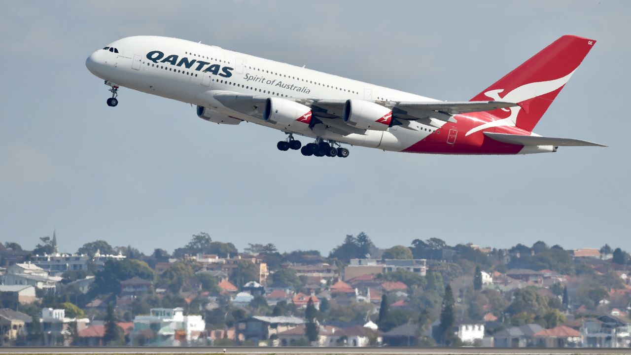 A Qantas Airbus A380 takes off from the airport in Sydney on August 25, 2017. 