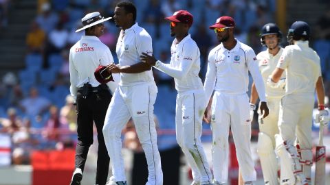 Shannon Gabriel is ushered away from the confrontation with Joe Root by his captain, Kraigg Brathwaite.