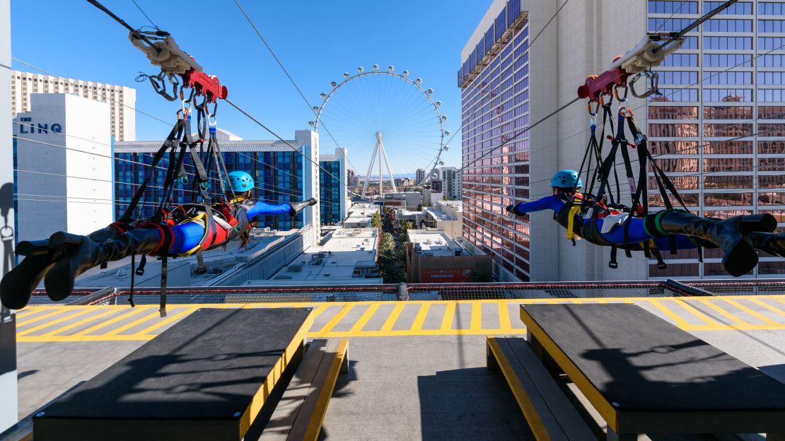 FLY LINQ whisks riders at more than 30 mph 12 stories above a promenade adjacent to the LINQ resort.
