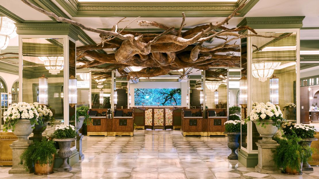 The Park MGM lobby features an art installation resembling tree roots growing from the ceiling. 