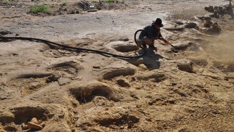 A researcher uncovers the Queensland sauropod trackway with air blaster.