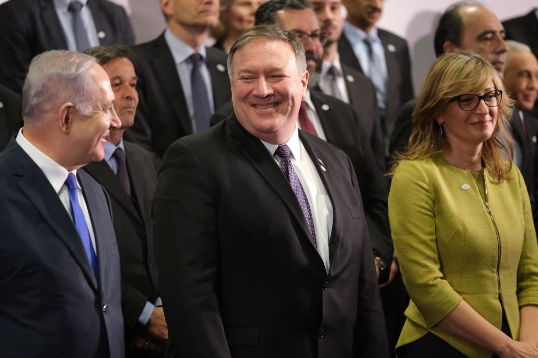 U.S. Secretary of State Mike Pompeo and  Israeli Prime Minister Benjamin Netanyahu attend the group photo at the Ministerial to Promote a Future of Peace and Security in the Middle East on February 14, 2019 in Warsaw, Poland. 