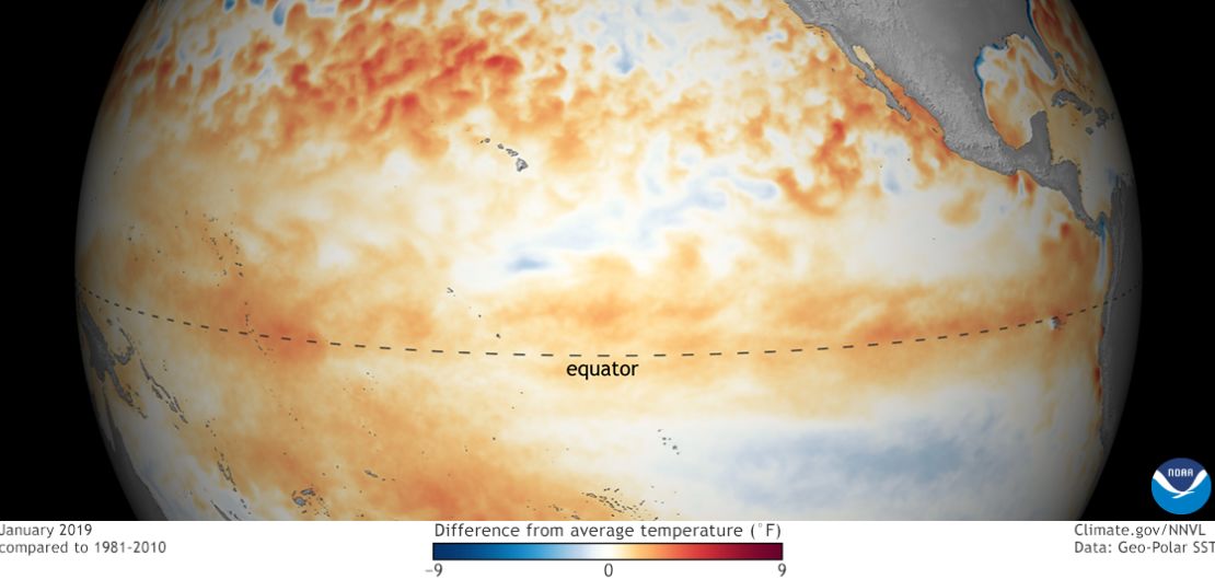 
Sea surface temperatures in January -- orange-red colors are above normal.