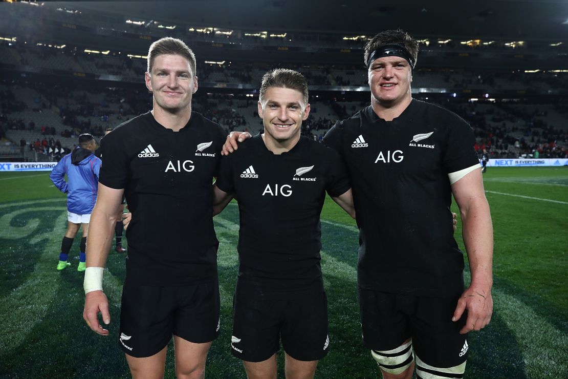 From left to right, Barrett brothers Jordie, Beauden, and Scott after New Zealand's test match against Samoa in 2017. 
