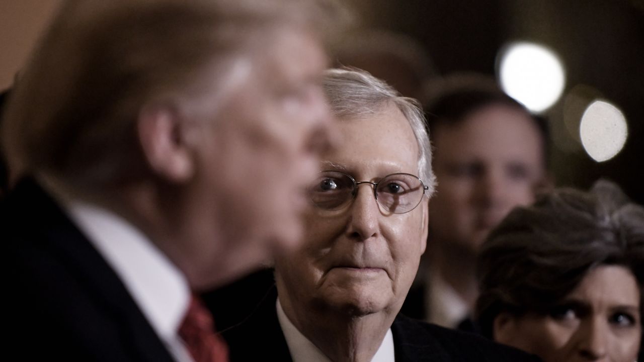 President Donald Trump talks to the press as Senate Majority Leader Mitch McConnell looks on at the US Capitol on January 9, 2019, in Washington.