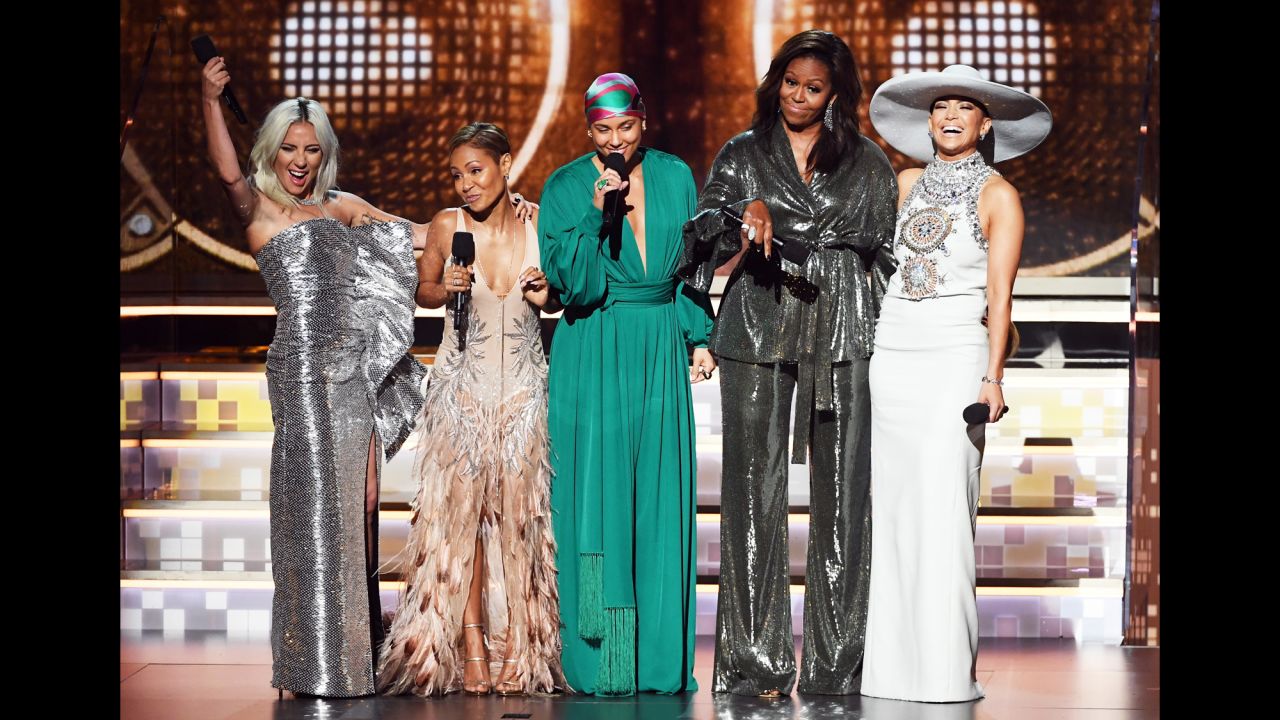 First-time Grammys host Alicia Keys, center, was joined by some special company as she opened the award show on Sunday, February 10. With her, from left, are Lady Gaga, Jada Pinkett Smith, former first lady Michelle Obama and Jennifer Lopez. "Music helps us share ourselves," Obama said. "It allows us to hear one another." <a href="http://www.cnn.com/2019/02/10/entertainment/gallery/grammys-highlights-2019/index.html" target="_blank">See all the highlights from the Grammys</a>