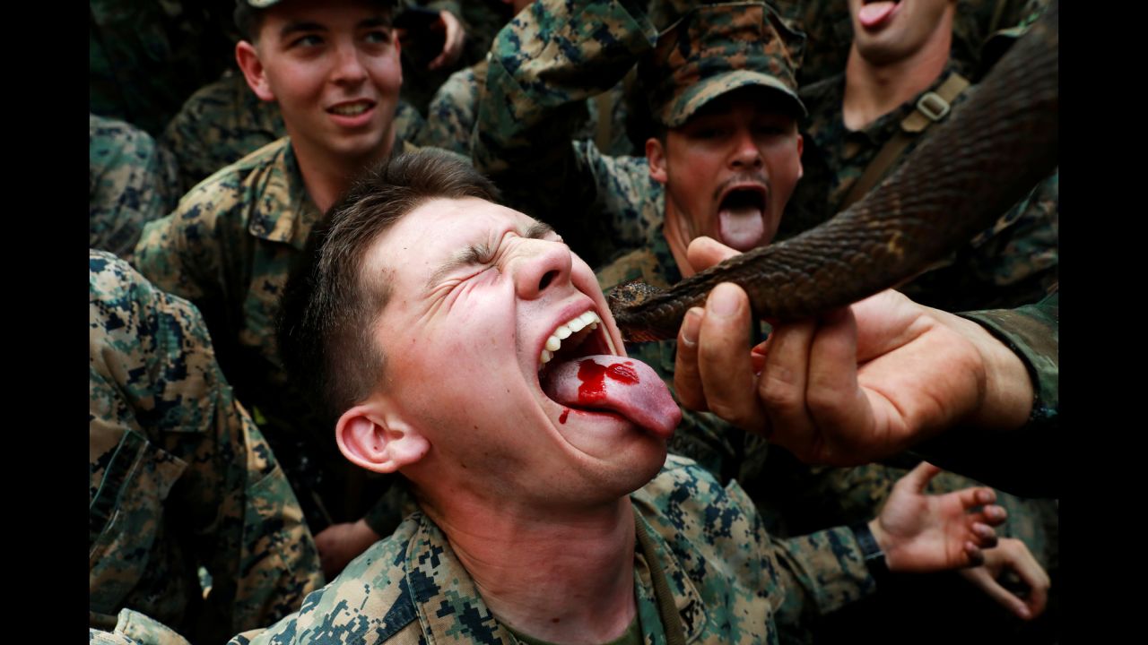 A soldier is fed cobra blood during the Cobra Gold military exercise in Chanthaburi, Thailand, on Thursday, February 14. Cobra blood and flesh can be used as nutrition when sustenance is scarce in the jungle.