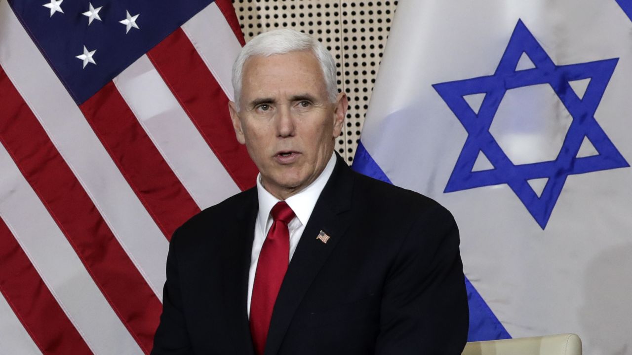 United States Vice President Mike Pence talks to the media during a bilateral meeting with Israeli Prime Minister Benjamin Netanyahu in Warsaw, Poland, Thursday, Feb. 14, 2019. The Polish capital is host for a two-day international conference on the Middle East, co-organized by Poland and the United States. (AP Photo/Michael Sohn)