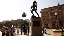 LOS ANGELES, CA SEPTEMBER 23, 2015 -- The statue called "Tommy Trojan", the mascot of USC from 1930 located at the center of the USC campus on September 23, 2015, three weeks before the USC announced they have fired Trojans football coach Steve Sarkisian.  (Al Seib / Los Angeles Times via Getty Images)