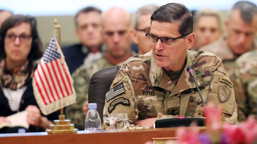 Commander of United States Central Command Joseph Leonard Votel (R), speaks during a meeting with the Gulf cooperation council's armed forces chiefs of staff in Kuwait City on September 12, 2018. - Gulf Arab army chiefs, including Qatar's military commander, are meeting with US Central Command officials for talks on defence cooperation. (Photo by Yasser Al-Zayyat / AFP)        (Photo credit should read YASSER AL-ZAYYAT/AFP/Getty Images)