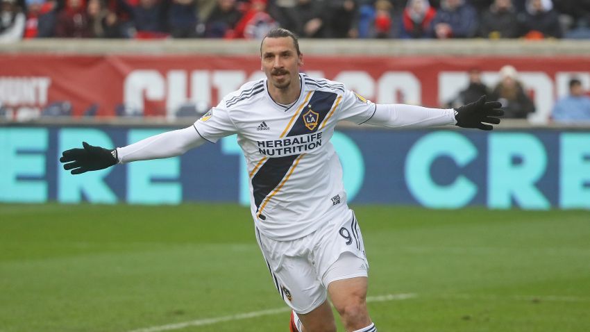 BRIDGEVIEW, IL - APRIL 14:  Zlatan Ibrahimovic #9 of the Los Angeles Galaxy celebrates his first half goal against the Chicago Fire at Toyota Park on April 14, 2018 in Bridgeview, Illinois. The Galaxy defeated the Fire 1-0.  (Photo by Jonathan Daniel/Getty Images)