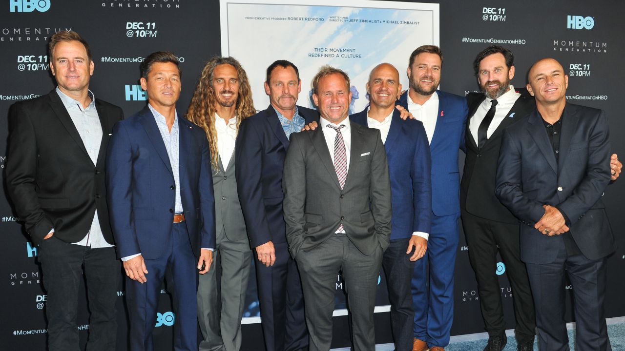 The stars of Momentum Generation pose at the film's premiere, with Steele (second from right), Slater (fourth from right) and Machado (third from left).