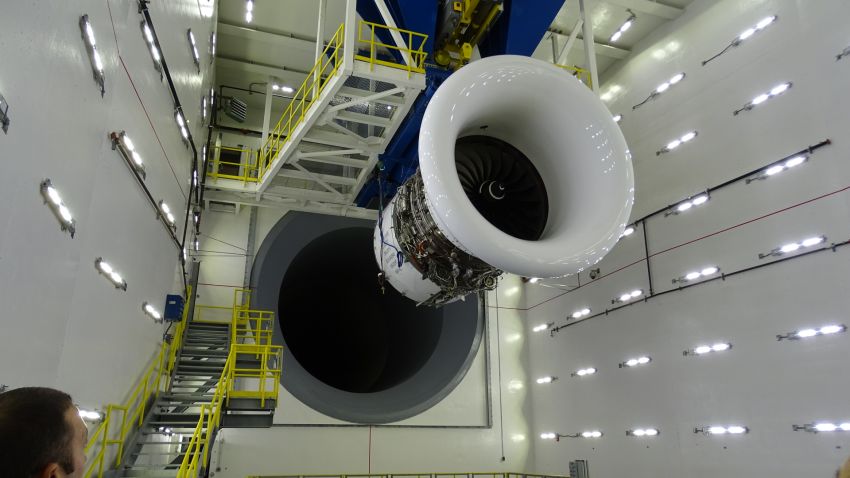 An 8-ton jet engine hangs from the ceiling of Delta Air Lines' new test facility in Atlanta.