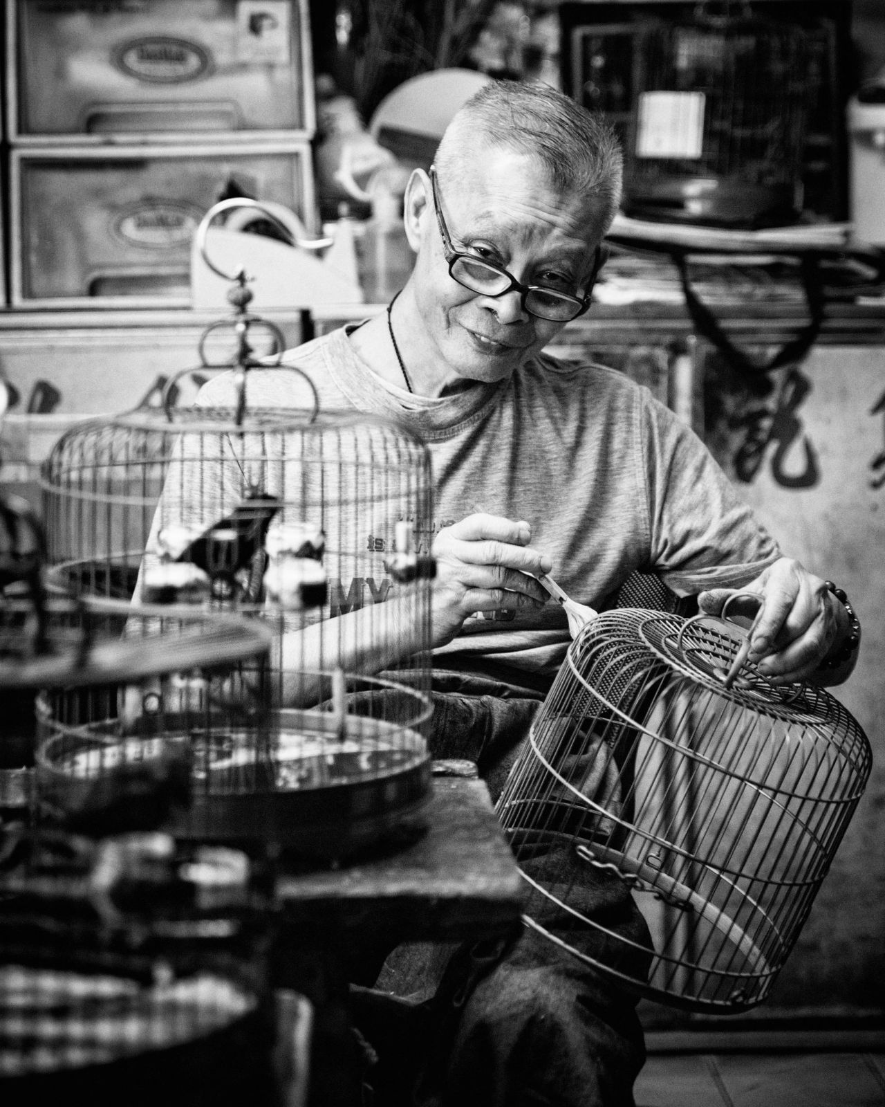 Chan Lok Choi has been making cages since he was 13 years old. He still operates from a small shop in the Yuen Po Street Bird Garden.