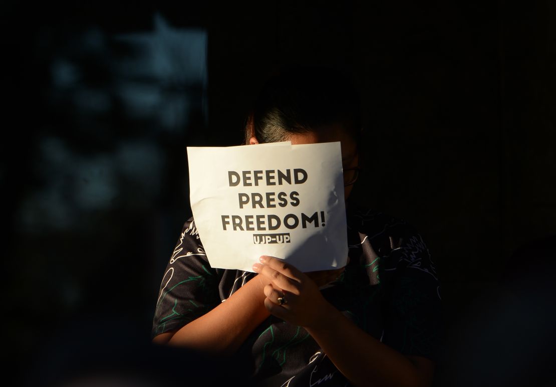 A student at a protest on the state university grounds in Manila in February 2019, in support of CEO of Rappler Maria Ressa.