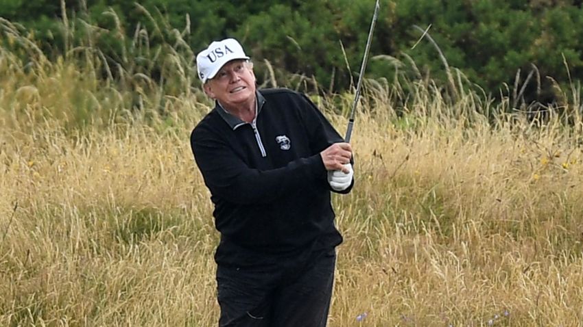 U.S. President Donald Trump plays a round of golf at Trump Turnberry Luxury Collection Resort during the U.S. President's first official visit to the United Kingdom on July 15, 2018 in Turnberry, Scotland.