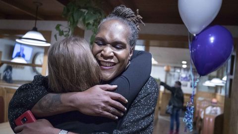 Andrea Jenkins hugs a supporter in 2017, upon winning a Minneapolis City Council seat. 
