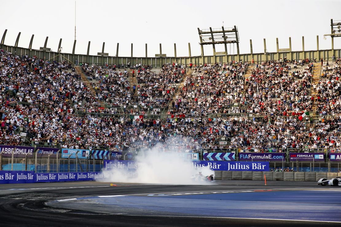 Lucas di Grassi performs celebratory doughnuts after his victory.