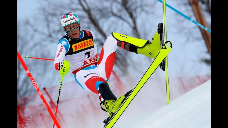 Switzerland's Daniel Yule falls during the men's slalom at the alpine ski World Championships in Are, Sweden, on Sunday, February 17.