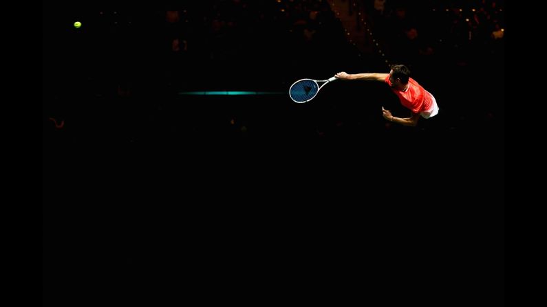 Daniil Medvedev of Russia serves against Gael Monfils of France in their semifinal match during Day 6 of the ABN AMRO World Tennis Tournament at Rotterdam Ahoy on Saturday, February 16, in Rotterdam, Netherlands.
