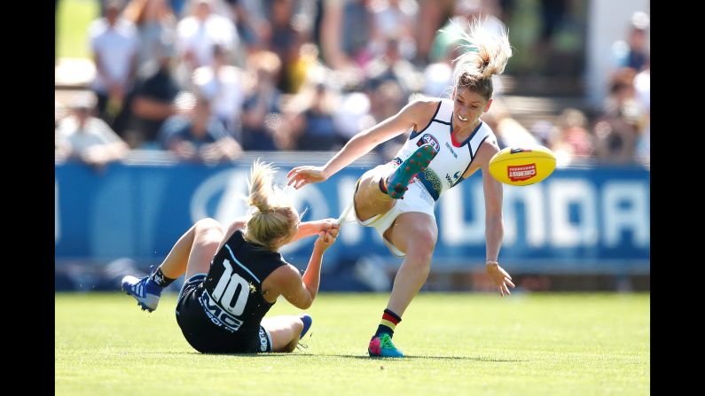 Deni Varnhagen of the Adelaide Crows is tackled by Sarah Hosking of the Carlton Blues during the 2019 NAB AFLW Round 02 match at Ikon Park on Sunday, February 10, in Melbourne, Australia.