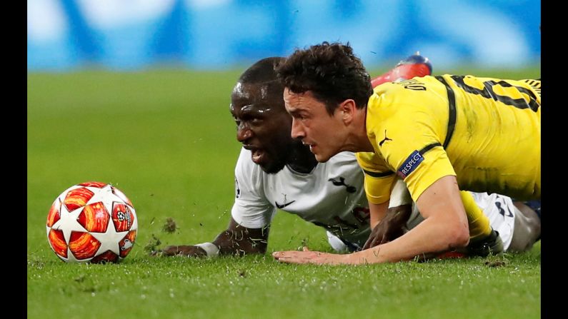 Borussia Dortmund's Thomas Delaney and Tottenham's Moussa Sissoko in action on Wednesday, February 13, at Wembley Stadium in London.