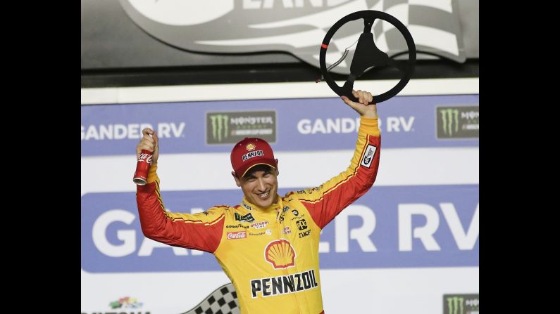 Joey Logano celebrates in Victory Lane after winning the second of two qualifying auto races for the NASCAR Daytona 500 at Daytona International Speedway on Thursday, February 14.