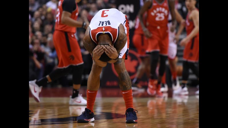 Washington Wizards guard Bradley Beal reacts after missing a shot against the Toronto Raptors on Wednesday, February 13.