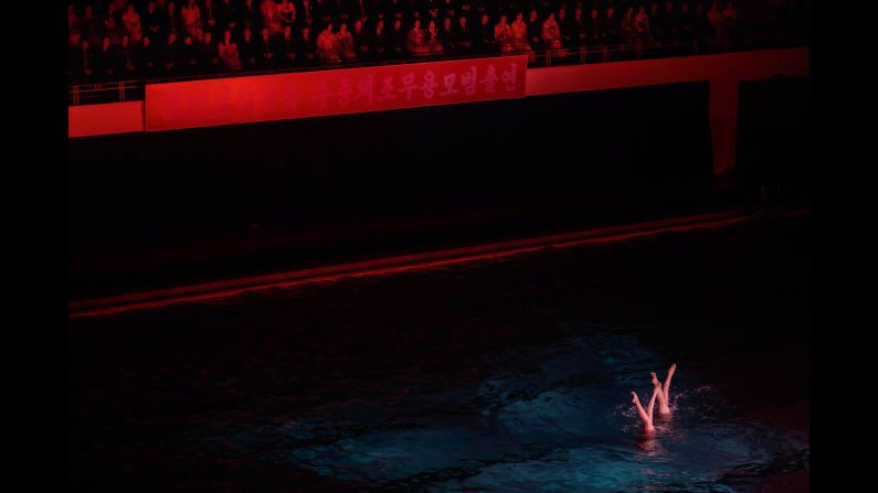 Swimmers perform in a synchronized swimming gala event celebrating late North Korean leader Kim Jong Il, in Pyongyang on Thursday, February 14. <a href="index.php?page=&url=http%3A%2F%2Fwww.cnn.com%2F2019%2F02%2F11%2Fsport%2Fgallery%2Fwhat-a-shot-sports-0210%2Findex.html" target="_blank">See 27 amazing sports photos from last week</a>