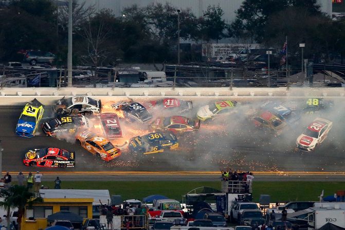 Several cars crash during the 61st Annual Daytona 500 at Daytona International Speedway on Sunday, February 17.