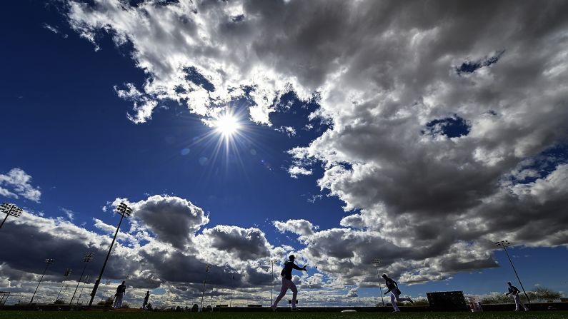 Kansas City Royals pitchers run through drills at spring training on Saturday, February 16, in Surprise, Arizona.