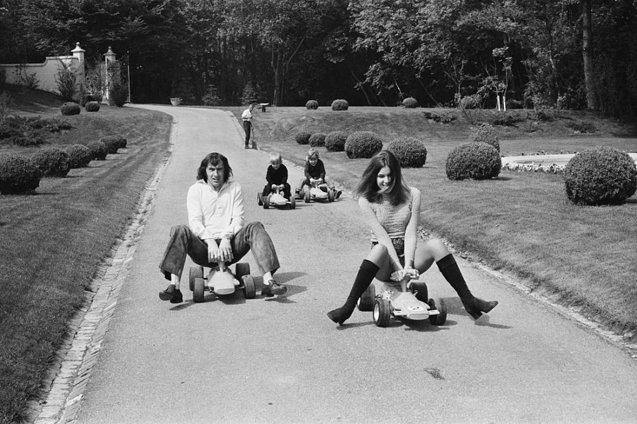 Jackie Stewart and his wife Helen race on mini go-karts with their sons Paul and Mark back in 1971.