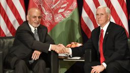 US Vice President Mike Pence (R) shakes hands with Afghanistan's President Mohammad Ashraf Ghani during their bitaleral talks at the 55th Munich Security Conference (MSC) in Munich, southern Germany, on February 16, 2019. - The 2019 edition of the Munich Security Conference (MSC) takes place from February 15 to 17, 2019. (Photo by THOMAS KIENZLE / AFP)        (Photo credit should read THOMAS KIENZLE/AFP/Getty Images)