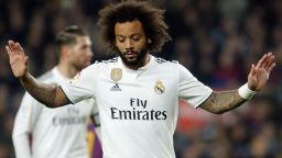 Real Madrid's Brazilian defender Marcelo gestures during the Spanish Copa del Rey (King's Cup) semi-final first leg football match between FC Barcelona and Real Madrid CF at the Camp Nou stadium in Barcelona on February 6, 2019. (Photo by Pau Barrena / AFP)        (Photo credit should read PAU BARRENA/AFP/Getty Images)