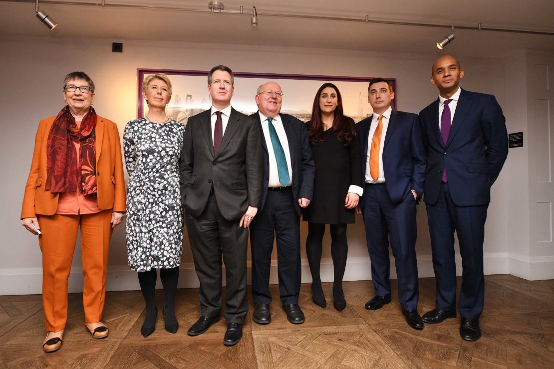 MPs Anne Coffey, Angela Smith, Chris Leslie, Mike Gapes, Luciana Berger, Gavin Shuker and Chuka Umunna announce their resignation from the Labour Party at a press conference on February 18, 2019 in London, England.