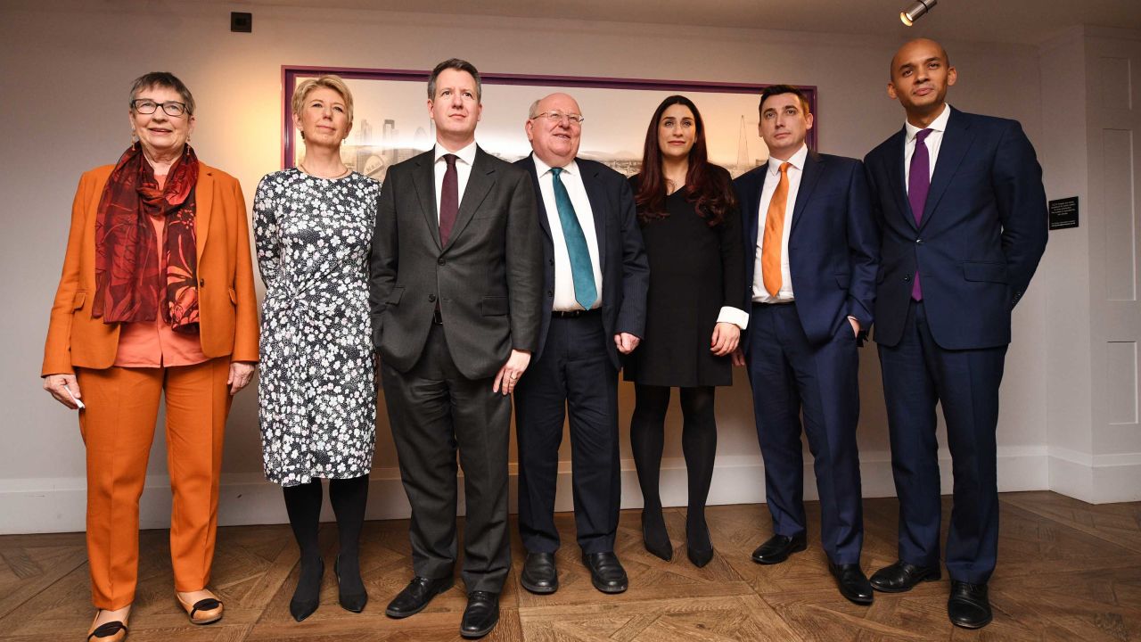 (L-R) Labour MP's Anne Coffey, Angela Smith, Chris Leslie, Mike Gapes, Luciana Berger, Gavin Shuker and Chuka Umunna announce their resignation from the Labour Party.