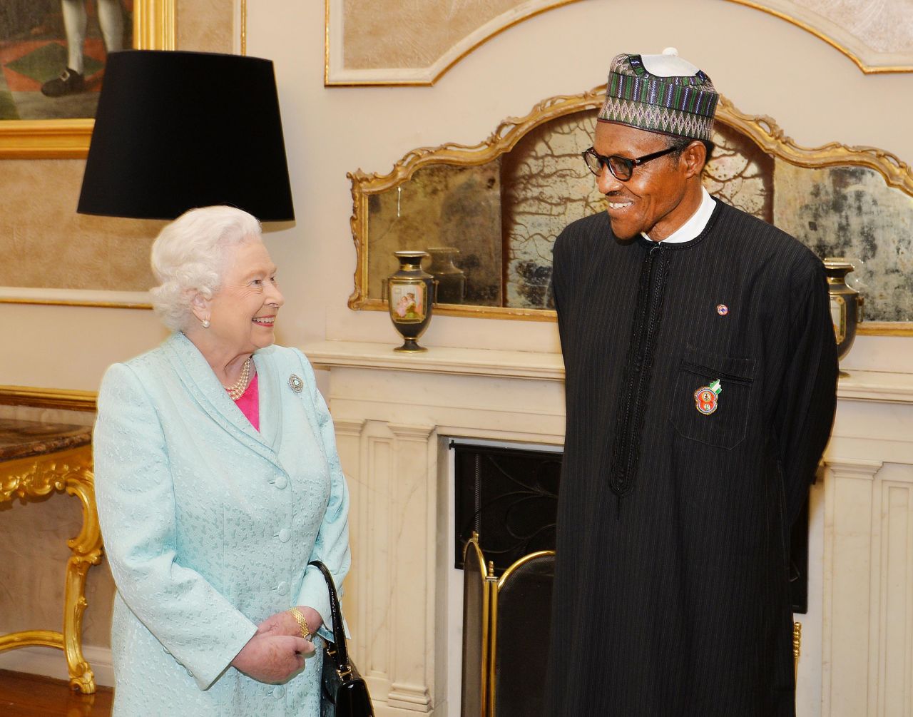 Britain's Queen Elizabeth II talks to Buhari during a reception in Malta in November 2015.