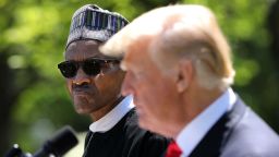 Nigerian President Muhammadu Buhari listens to U.S. President Donald Trump during their a joint press conference in the Rose Garden of the White House April 30, 2018 in Washington, DC. 