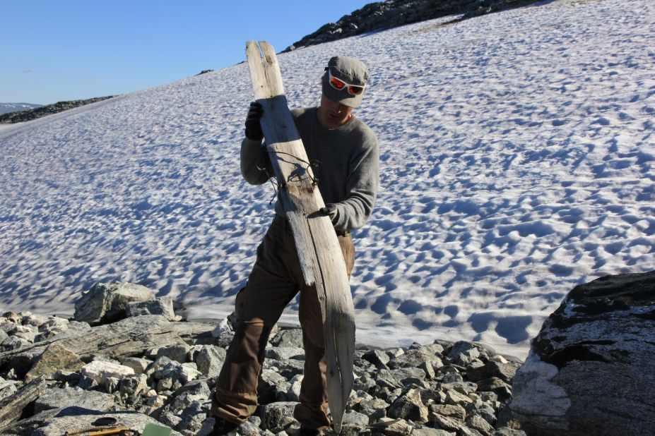 Prehistoric and medieval skis have melted out of the glacial ice. This ski is radiocarbon-dated to around 700 AD.