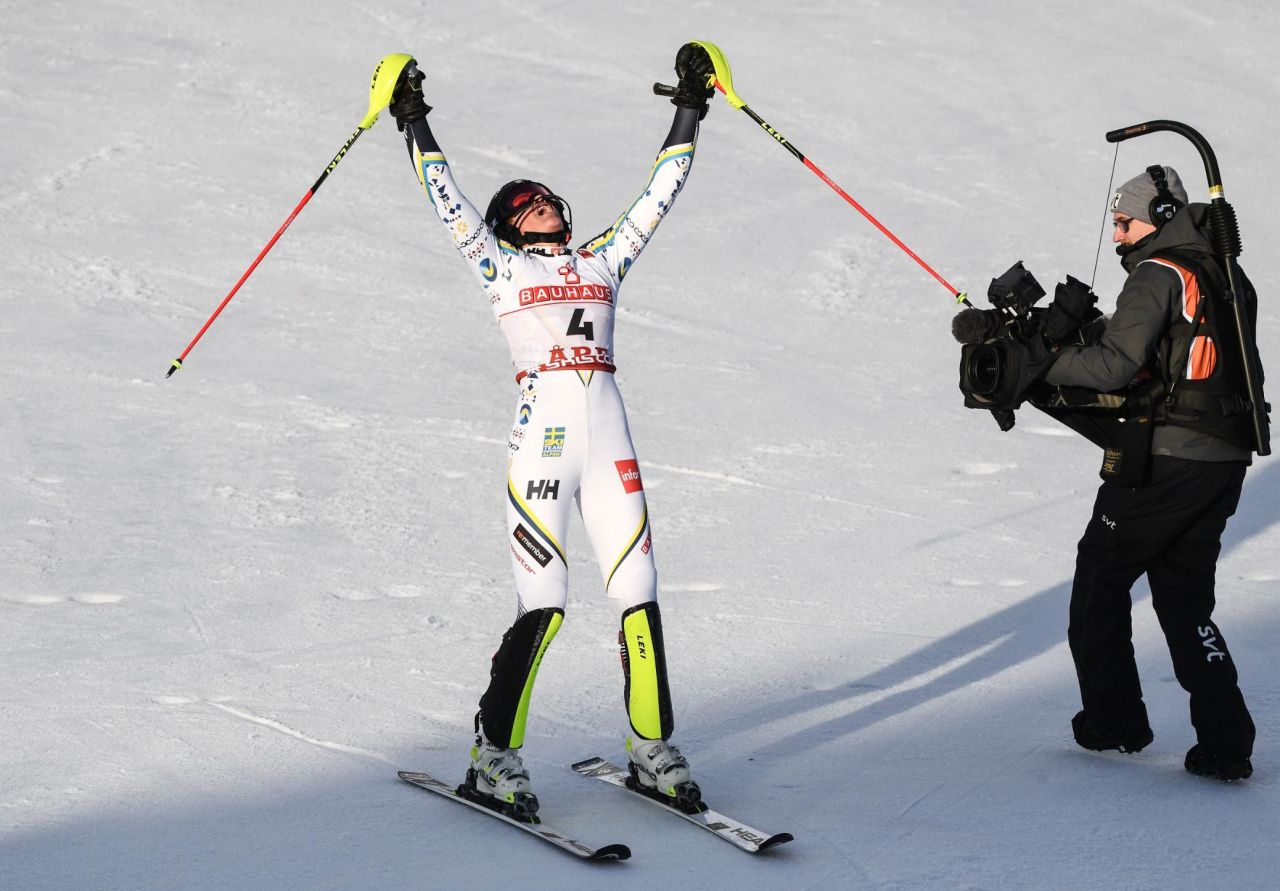 Sweden's Anna Swenn-Larsson reacts after winning silver in the slalom at the World Ski Championships in Are.